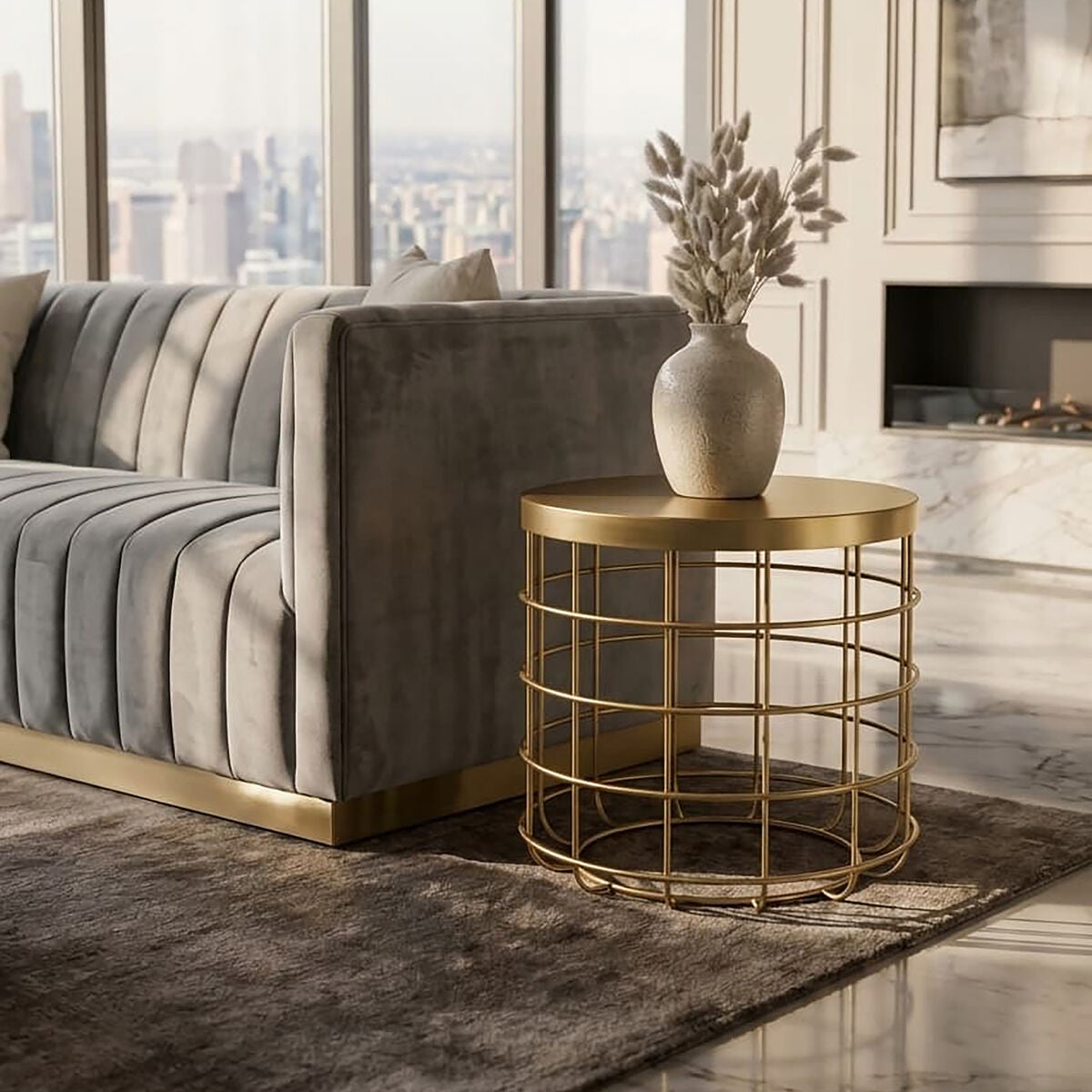 Orsina Pali Gold Side Table – Round Iron End Table with Caged Base