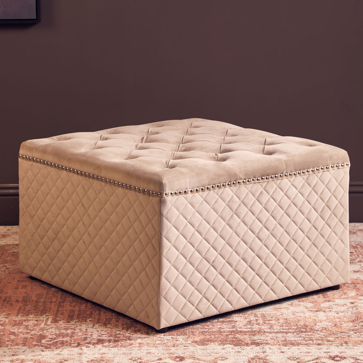 Orsina Zamora Square Mink Velvet Ottoman – Tufted Luxury Footstool