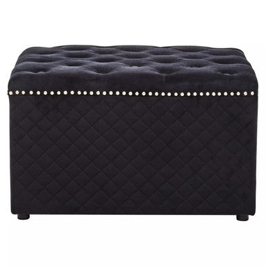Orsina Zamora Square Black Velvet Ottoman – Tufted Stool with Stud Trim