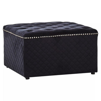 Orsina Zamora Square Black Velvet Ottoman – Tufted Stool with Stud Trim