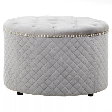 Orsina Zamora Round Grey Velvet Ottoman – Tufted Footstool Seat