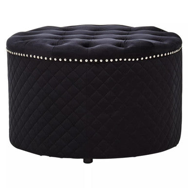 Orsina Zamora Round Black Velvet Ottoman – Tufted Studded Footstool