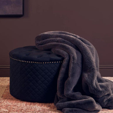 Orsina Zamora Round Black Velvet Ottoman – Tufted Studded Footstool
