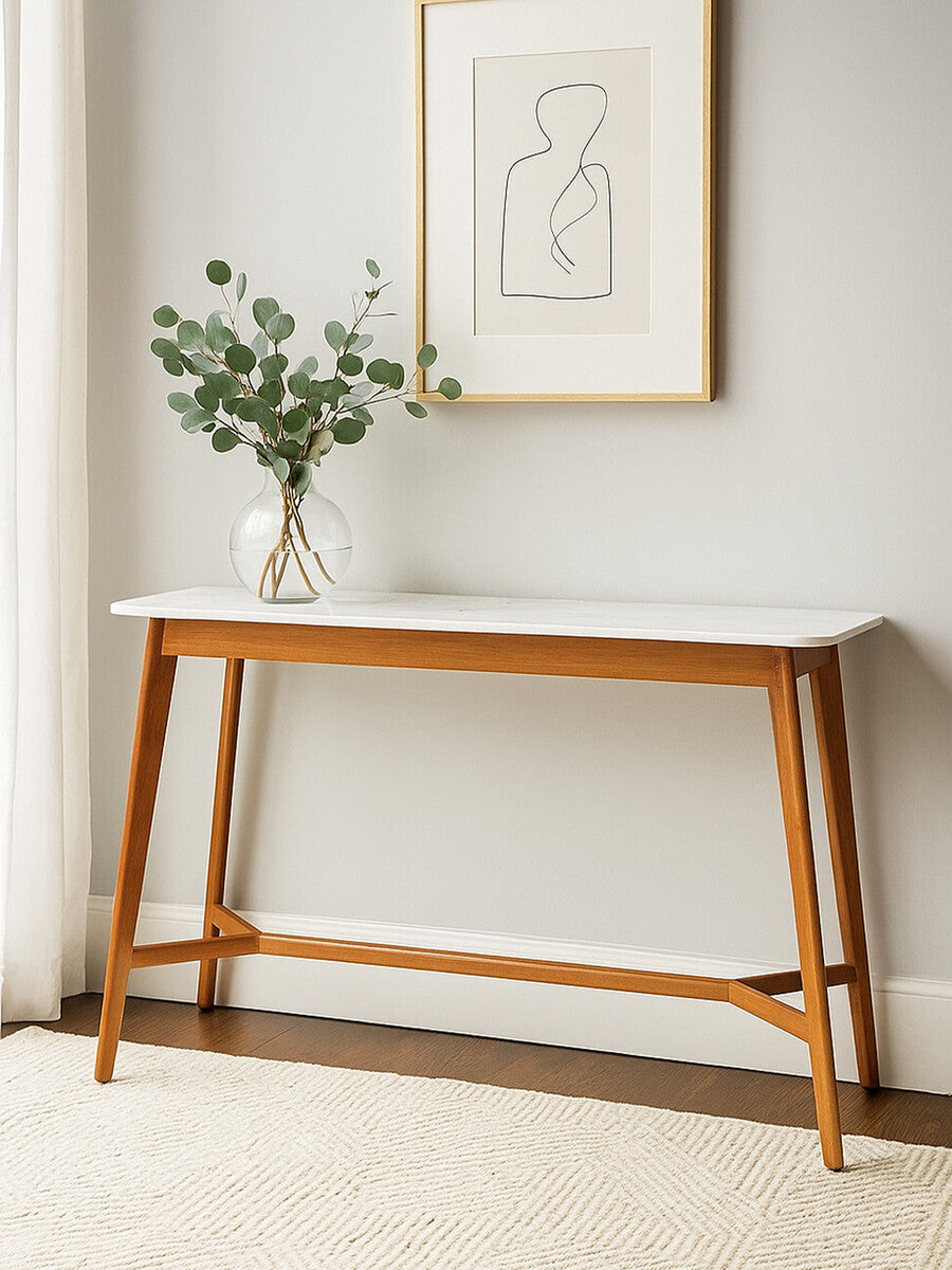 Orsina Myan White Marble and Acacia Wood Slim Entryway Console Table