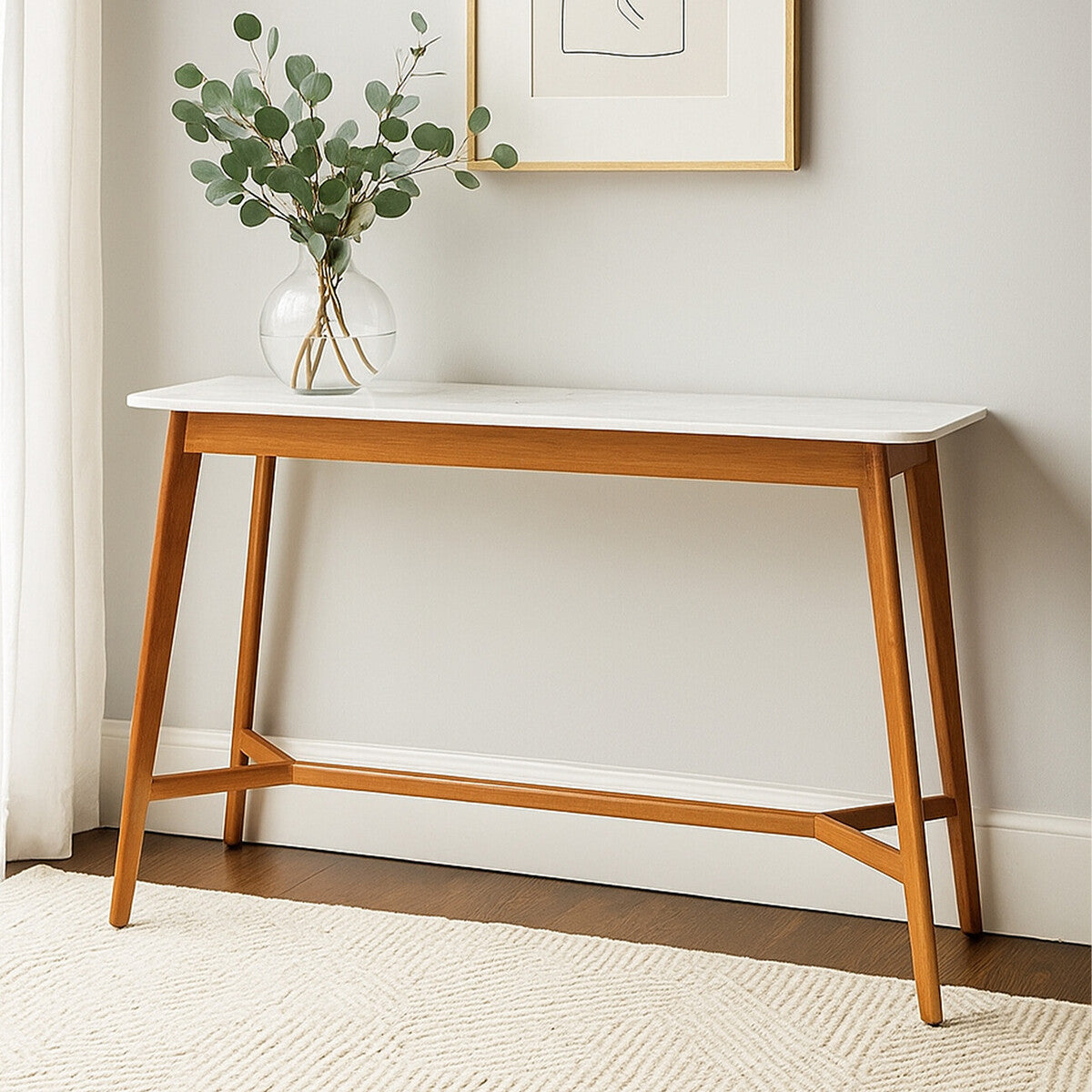 Orsina Myan White Marble and Acacia Wood Slim Entryway Console Table