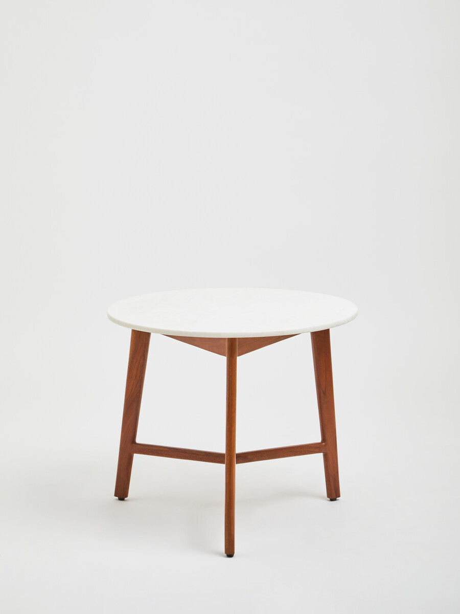 Orsina Myan Round White Marble Side Table with Acacia Wood Base