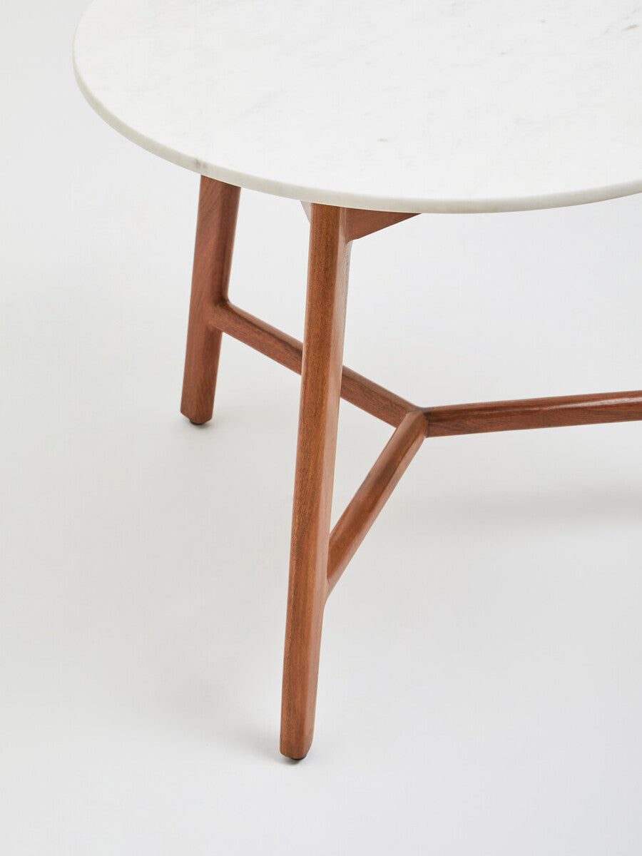 Orsina Myan Round White Marble Side Table with Acacia Wood Base