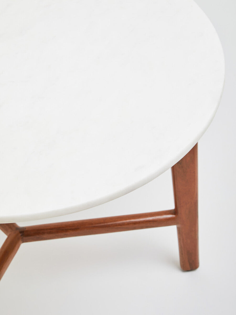Orsina Myan Round White Marble Side Table with Acacia Wood Base