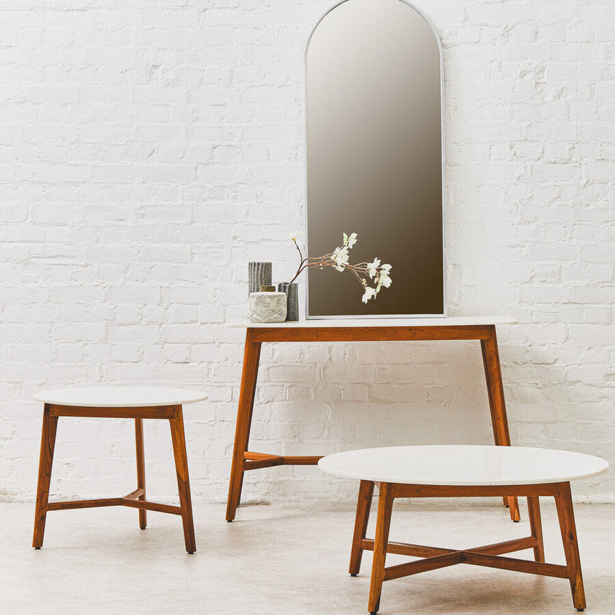 Orsina Myan Round White Marble Side Table with Acacia Wood Base