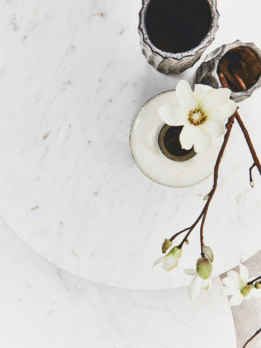 Orsina Myan Round White Marble Side Table with Acacia Wood Base