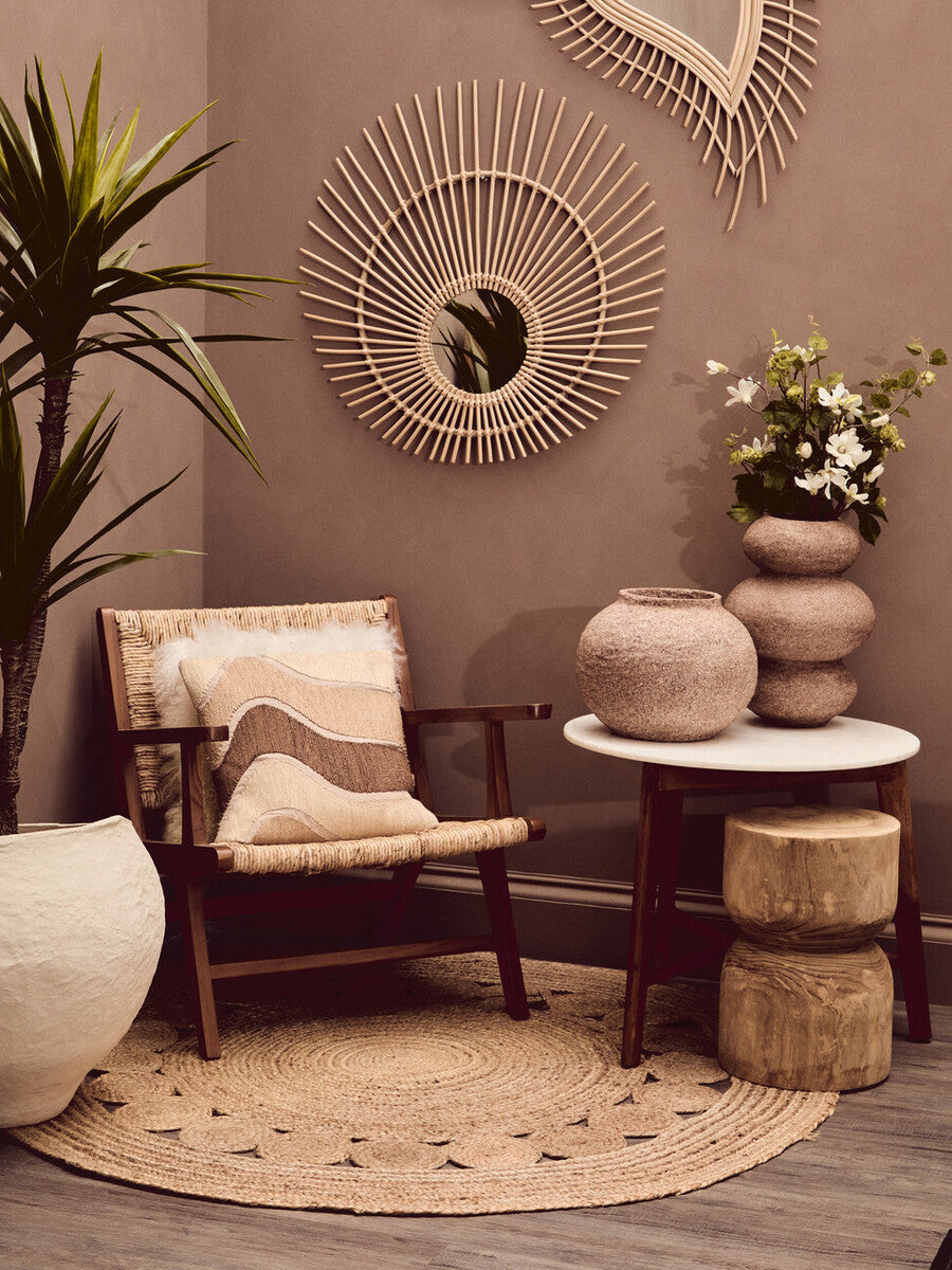 Orsina Myan Round White Marble Side Table with Acacia Wood Base