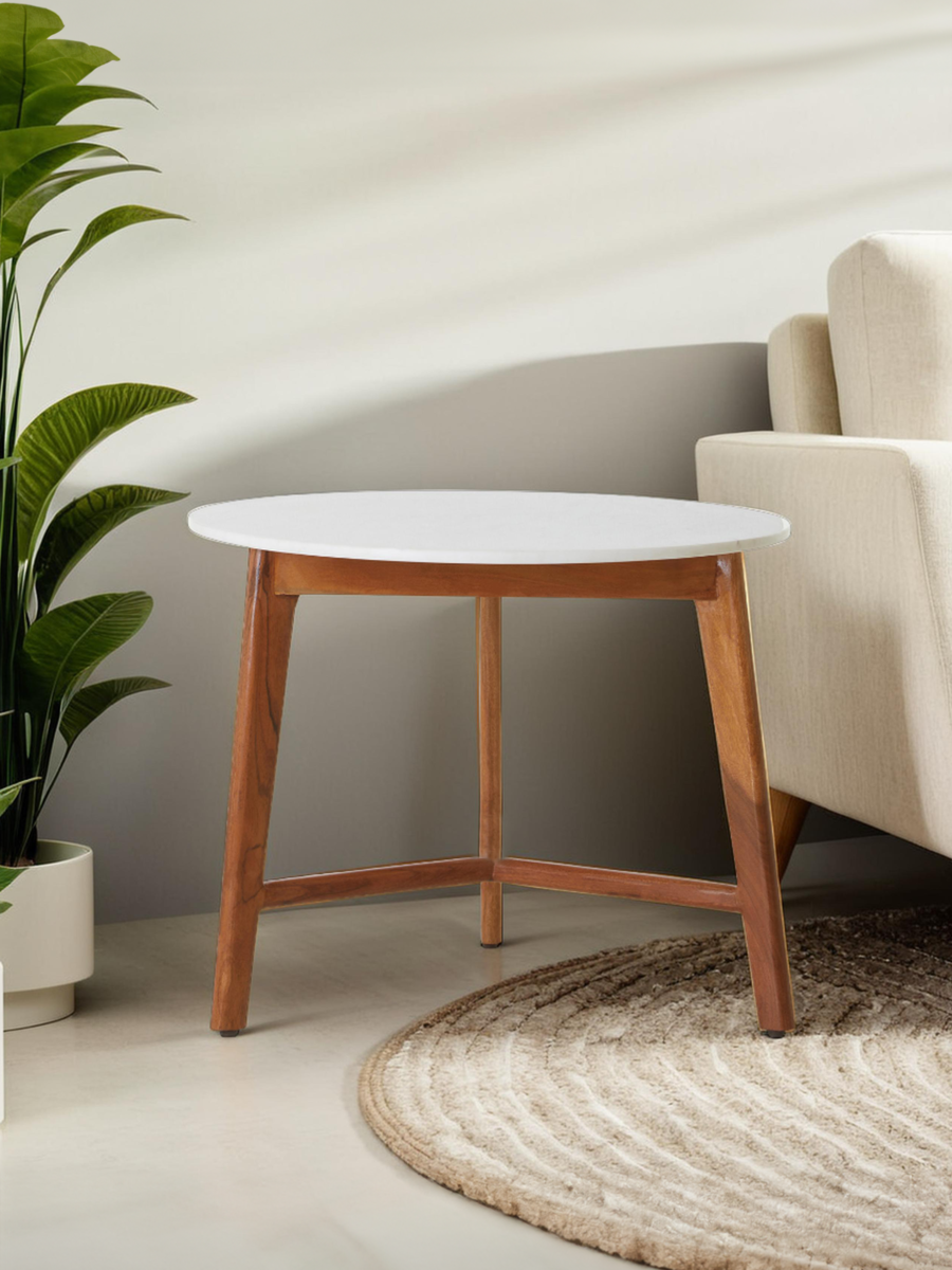 Orsina Myan Round White Marble Side Table with Acacia Wood Base