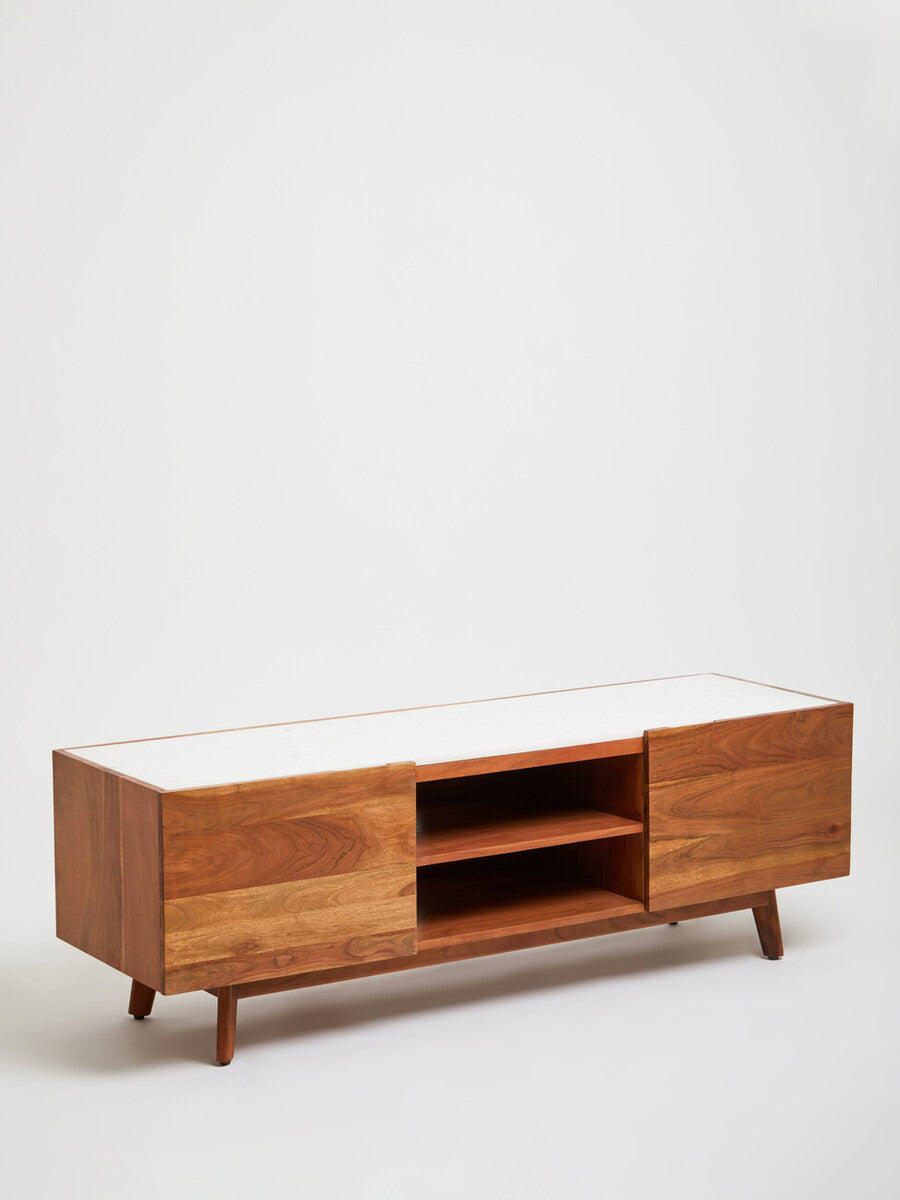 Orsina Myan Media Unit – Acacia Wood and White Marble TV Stand
