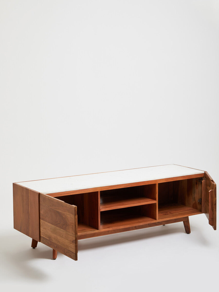 Orsina Myan Media Unit – Acacia Wood and White Marble TV Stand