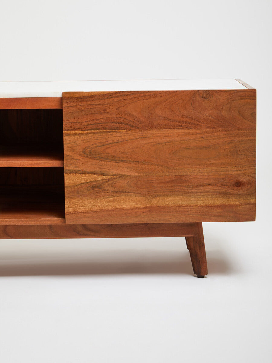 Orsina Myan Media Unit – Acacia Wood and White Marble TV Stand