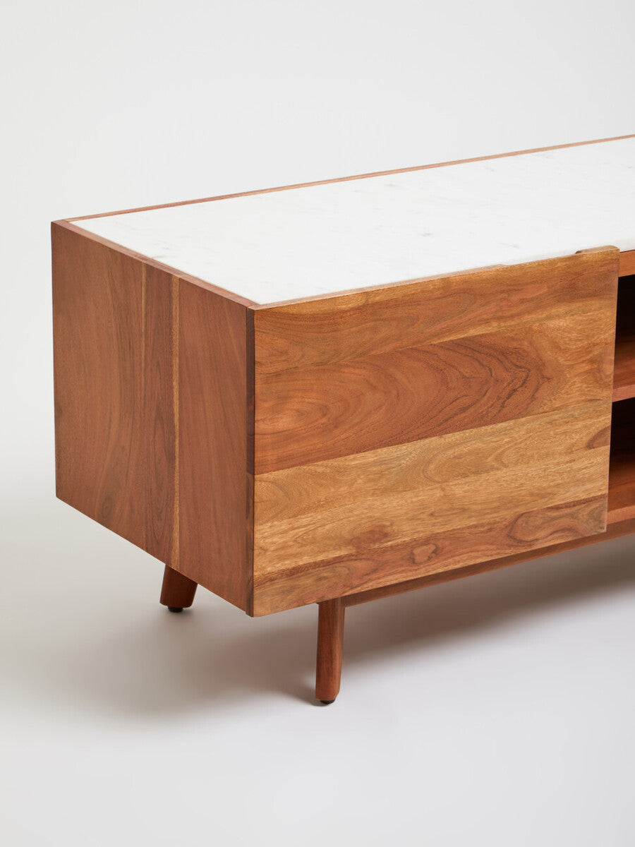 Orsina Myan Media Unit – Acacia Wood and White Marble TV Stand