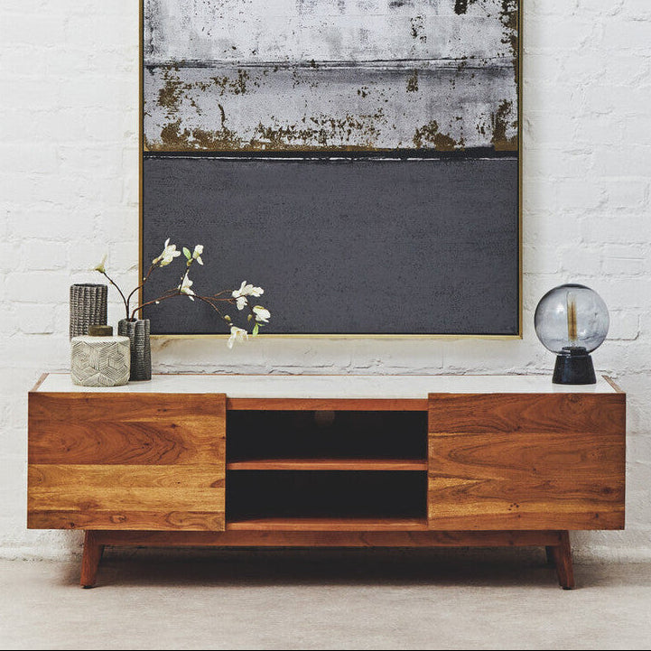 Orsina Myan Media Unit – Acacia Wood and White Marble TV Stand
