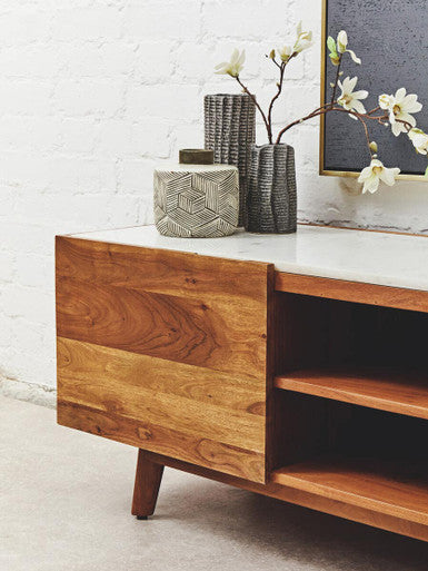 Orsina Myan Media Unit – Acacia Wood and White Marble TV Stand