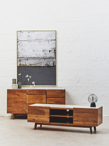 Orsina Myan Media Unit – Acacia Wood and White Marble TV Stand