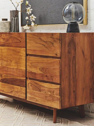 Orsina Myan 3-Drawer Sideboard – Acacia Wood & White Marble Buffet