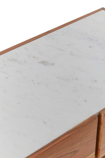 Orsina Myan 3-Drawer Sideboard – Acacia Wood & White Marble Buffet