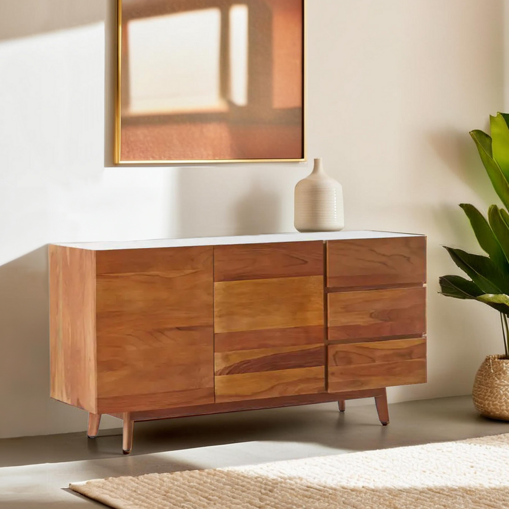 Orsina Myan 3-Drawer Sideboard – Acacia Wood & White Marble Buffet