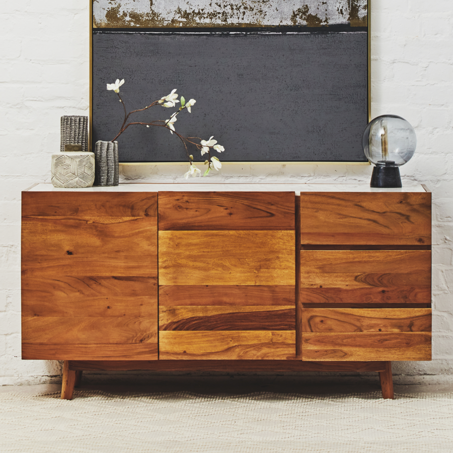 Orsina Myan 3-Drawer Sideboard – Acacia Wood & White Marble Buffet
