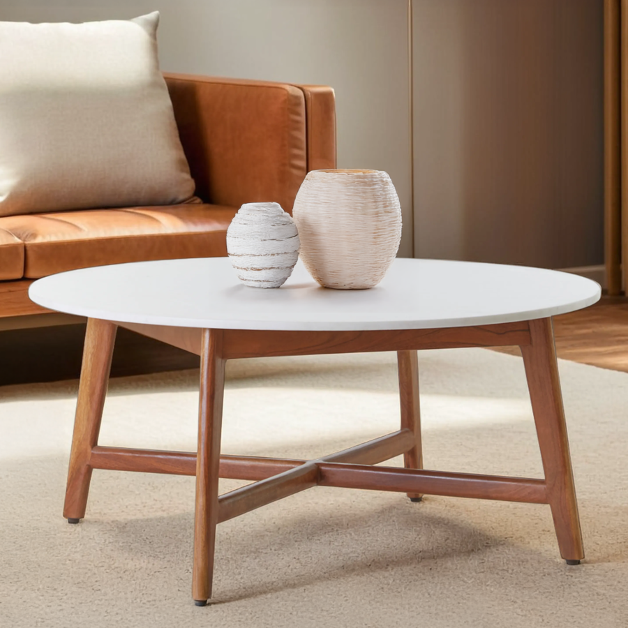 Orsina Myan Round White Marble Coffee Table with Acacia Wood Legs