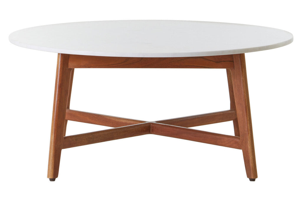 Orsina Myan Round White Marble Coffee Table with Acacia Wood Legs