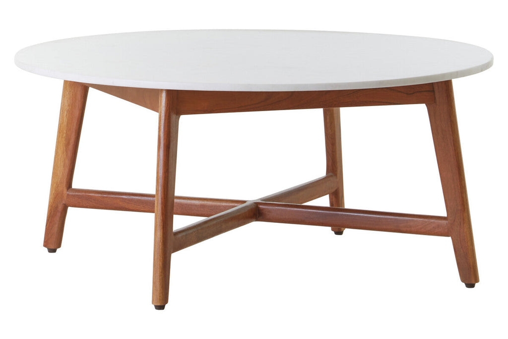 Orsina Myan Round White Marble Coffee Table with Acacia Wood Legs