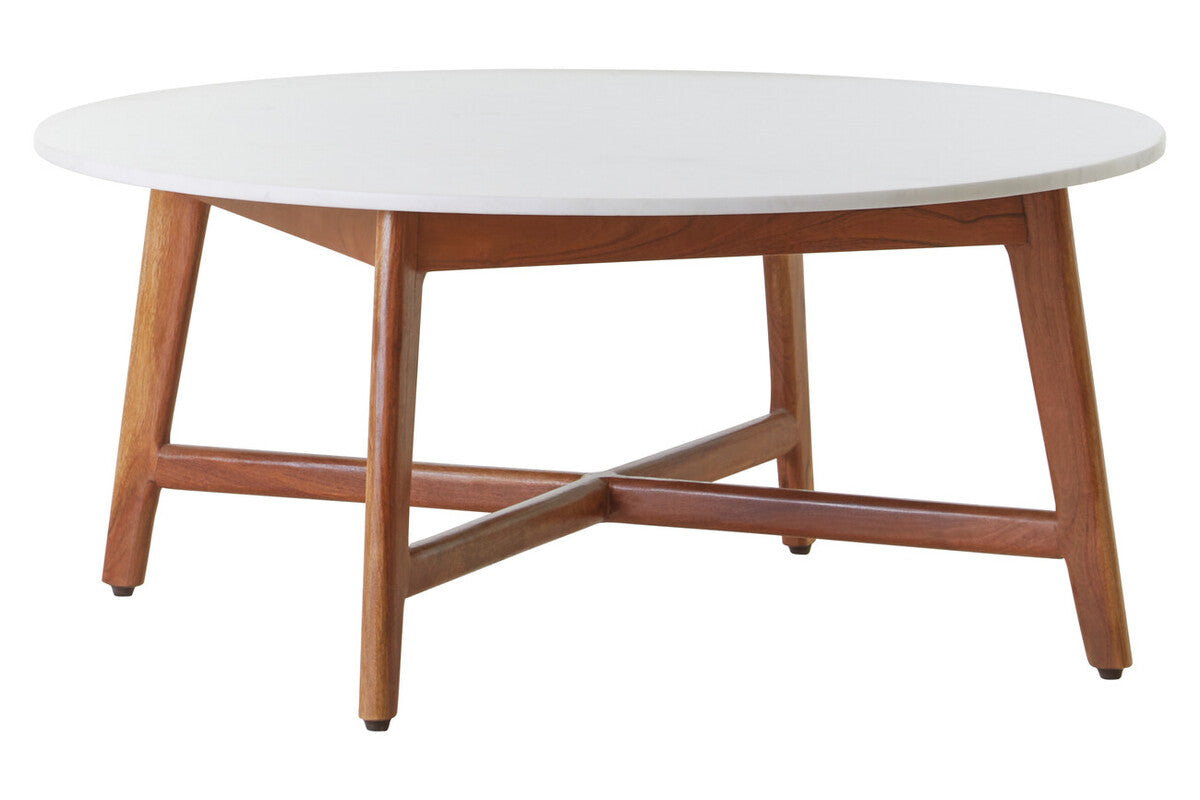 Orsina Myan Round White Marble Coffee Table with Acacia Wood Legs
