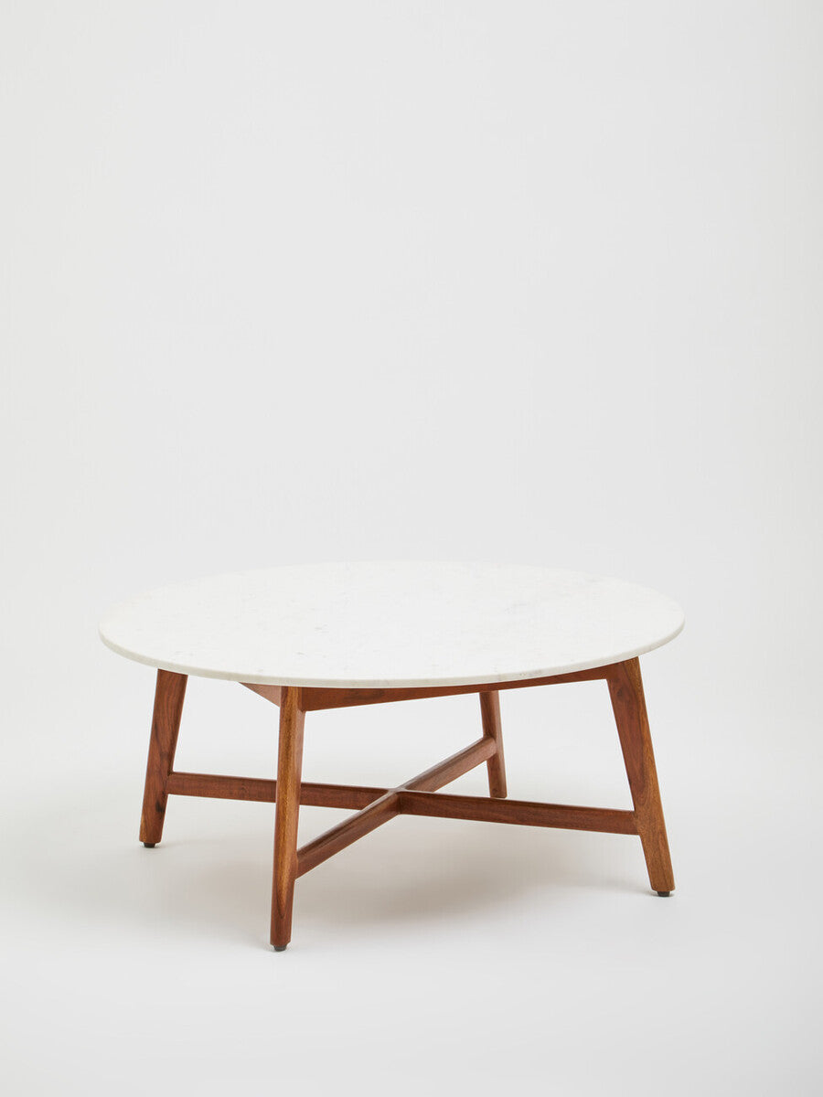 Orsina Myan Round White Marble Coffee Table with Acacia Wood Legs