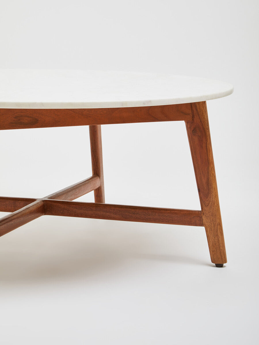 Orsina Myan Round White Marble Coffee Table with Acacia Wood Legs