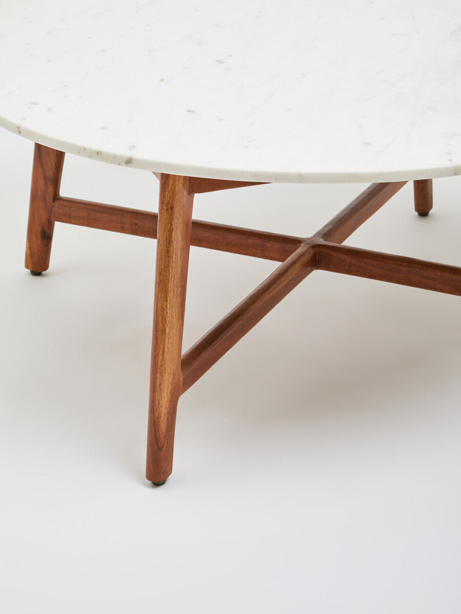 Orsina Myan Round White Marble Coffee Table with Acacia Wood Legs