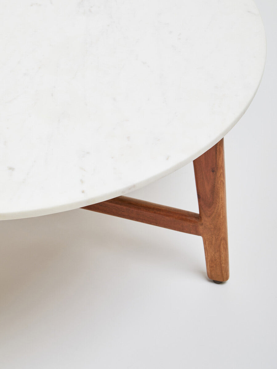 Orsina Myan Round White Marble Coffee Table with Acacia Wood Legs