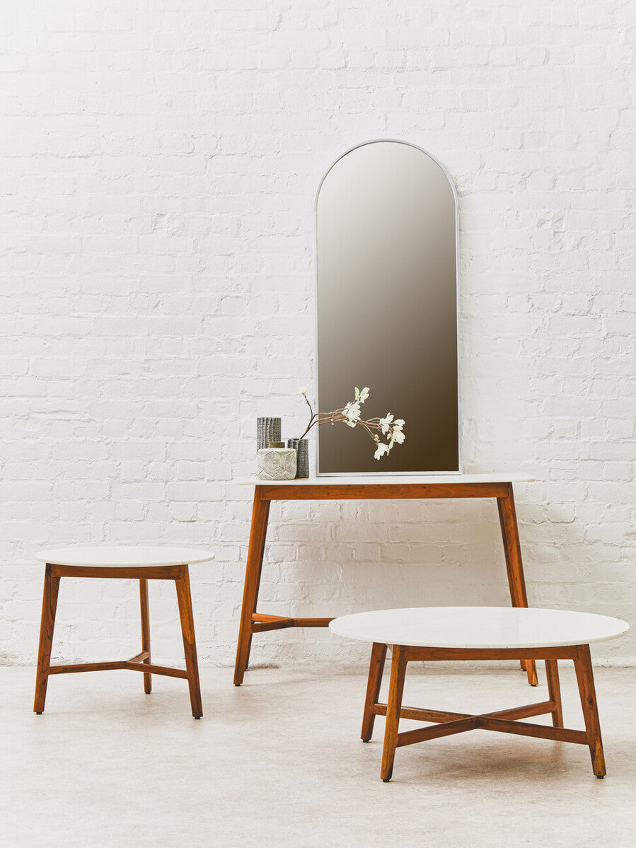 Orsina Myan Round White Marble Coffee Table with Acacia Wood Legs