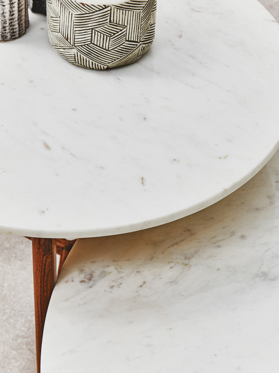 Orsina Myan Round White Marble Coffee Table with Acacia Wood Legs