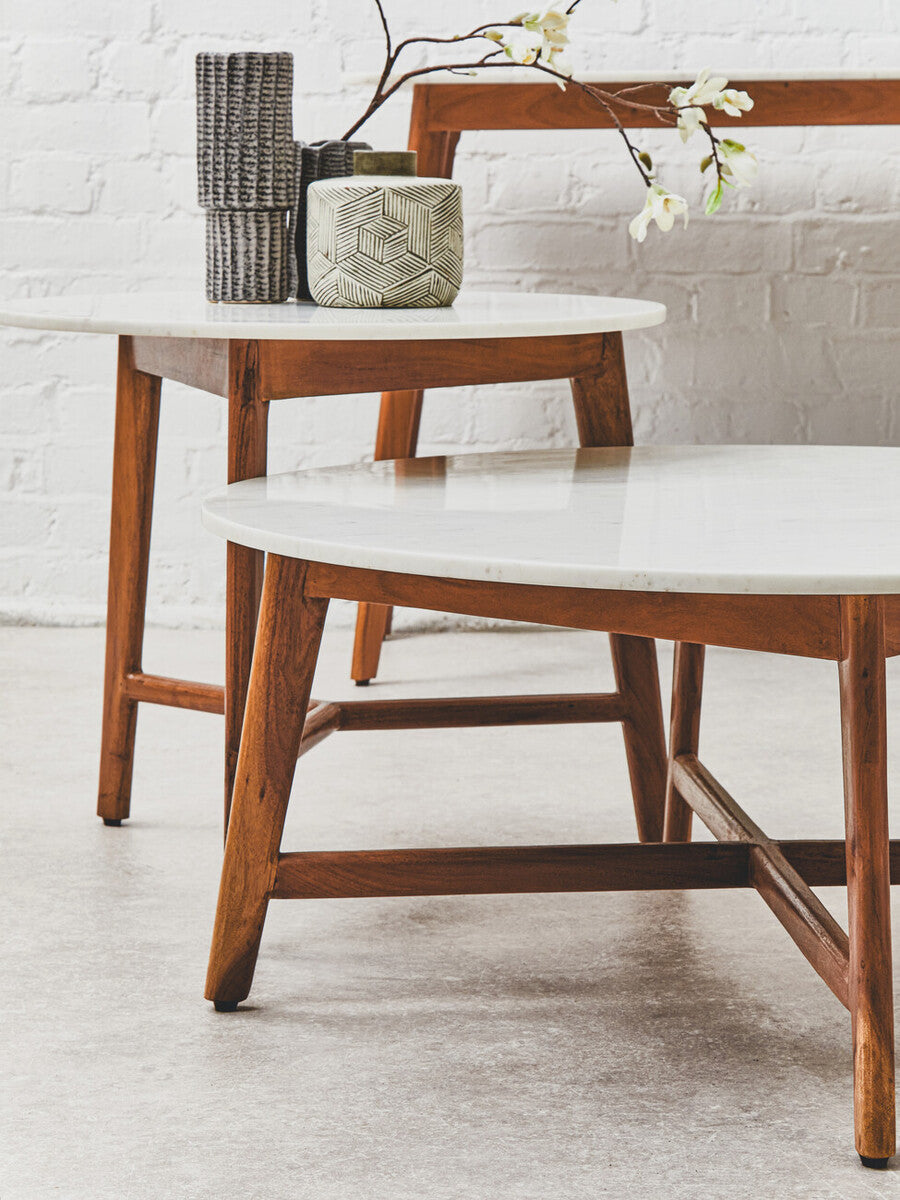 Orsina Myan Round White Marble Coffee Table with Acacia Wood Legs