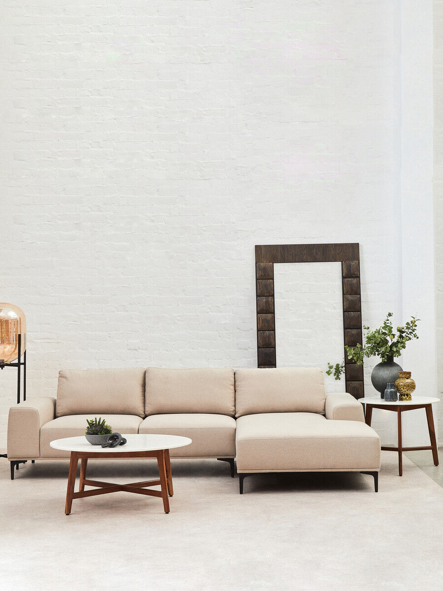 Orsina Myan Round White Marble Coffee Table with Acacia Wood Legs