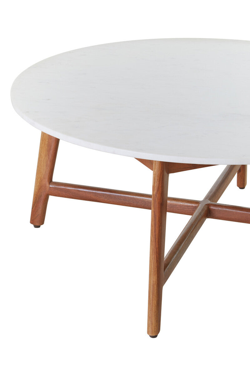 Orsina Myan Round White Marble Coffee Table with Acacia Wood Legs
