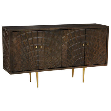 Orsina Sipari 4-Door Mango Wood Sideboard – Geometric Buffet Cabinet