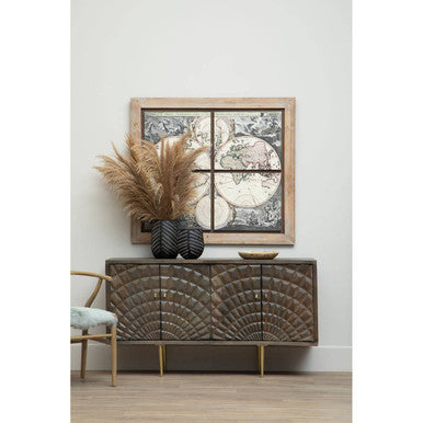 Orsina Sipari 4-Door Mango Wood Sideboard – Geometric Buffet Cabinet