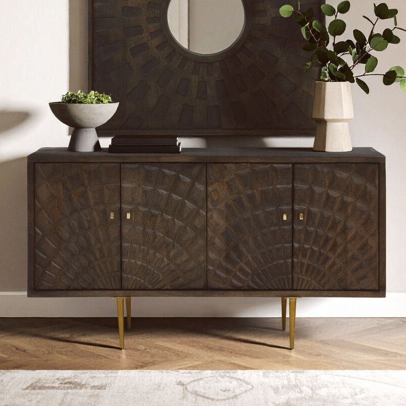 Orsina Sipari 4-Door Mango Wood Sideboard – Geometric Buffet Cabinet