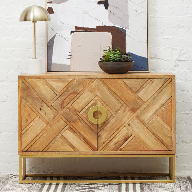 Orsina Sedea Sideboard – Mid-Century Mango Wood & Gold Storage Cabinet