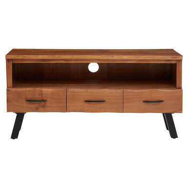 Orsina Nashik Acacia Media Unit – Three Drawer Industrial TV Stand