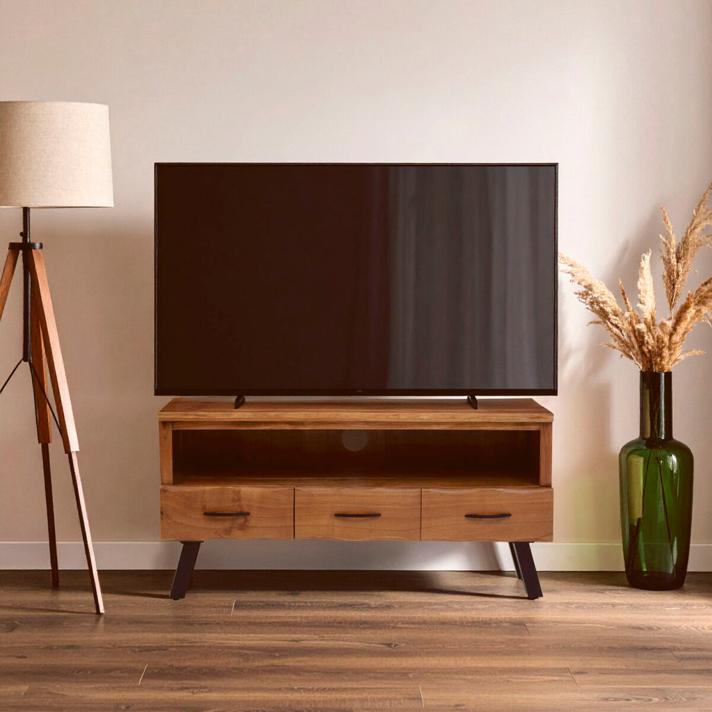 Orsina Nashik Acacia Media Unit – Three Drawer Industrial TV Stand