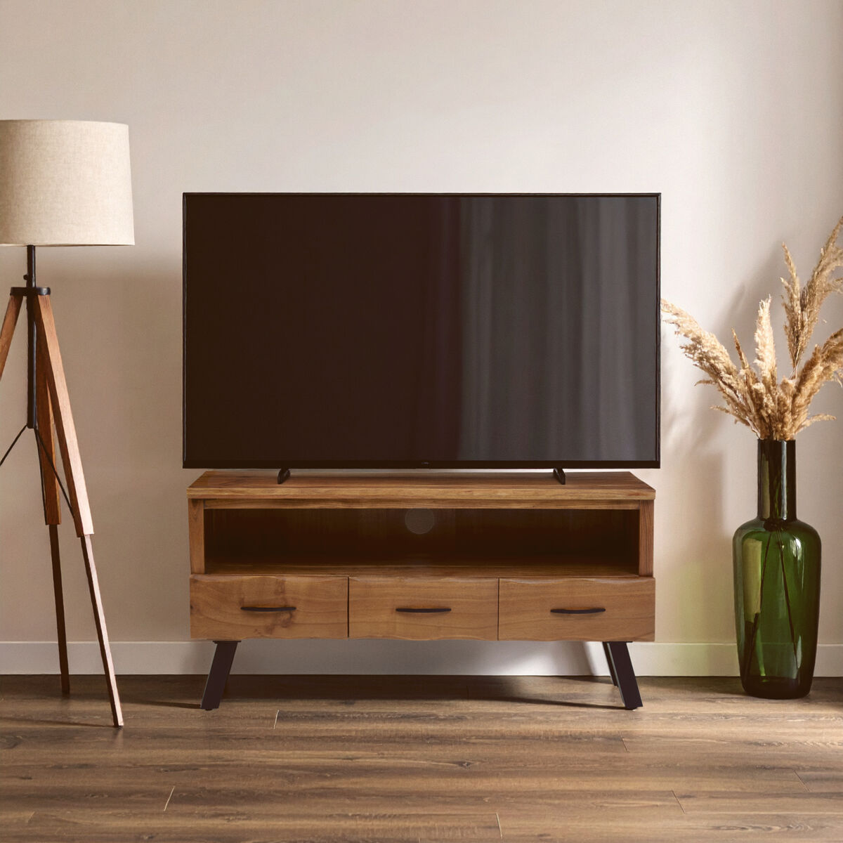 Orsina Nashik Acacia Media Unit – Three Drawer Industrial TV Stand