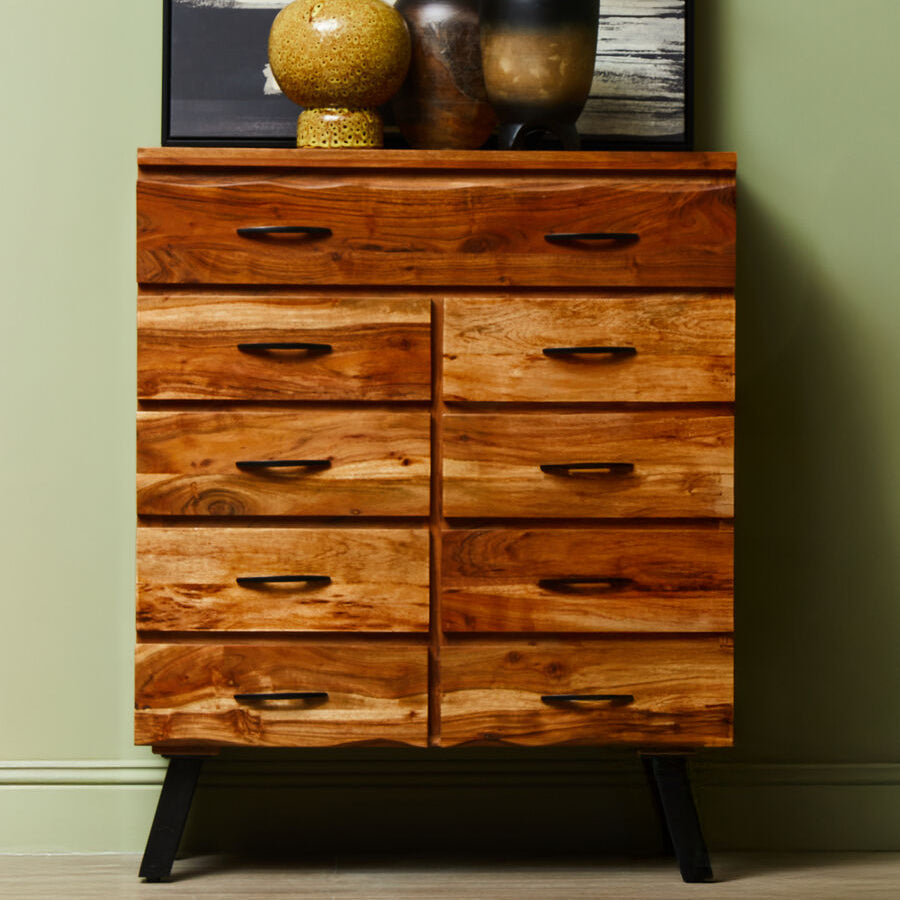 Orsina Nashik 9 Drawer Acacia Wood Chest – Industrial Storage Dresser
