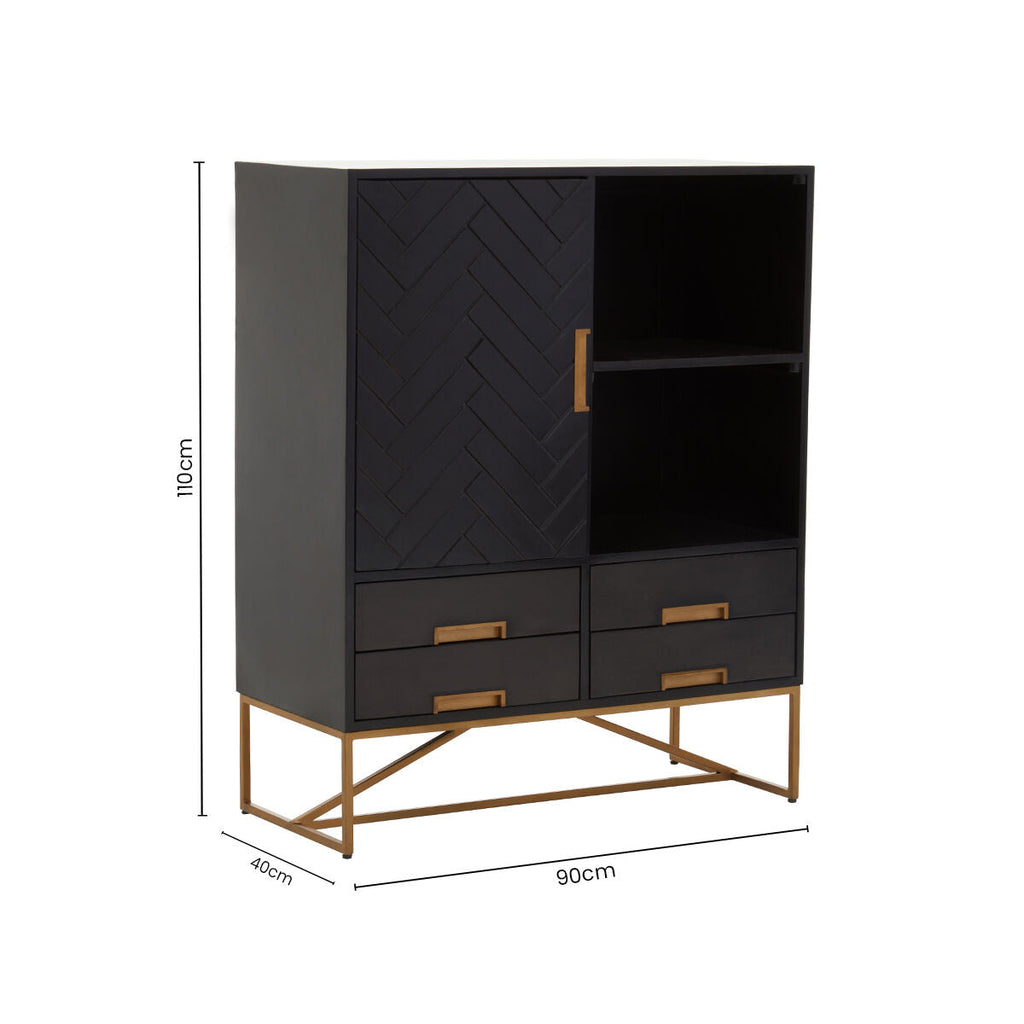 Orsina Kochi Mango Wood Herringbone Accent Cabinet with Gold Legs