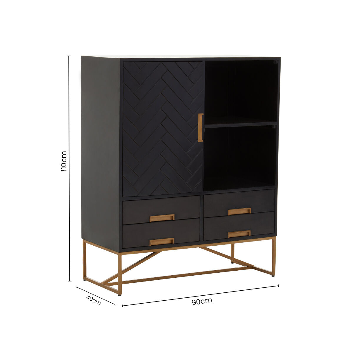 Orsina Kochi Mango Wood Herringbone Accent Cabinet with Gold Legs